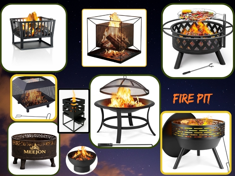 Meejon outdoor fire pit collection featuring square fire pits, round BBQ fire pit grills and decorative metal fire pits for patio and garden use.