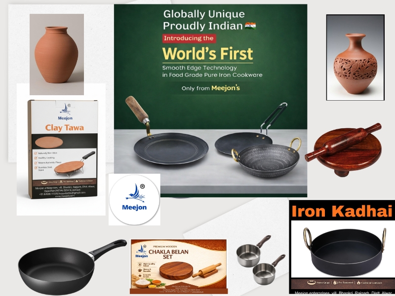Meejon premium iron cookware collection featuring iron tawa, iron kadhai, clay tawa, chakla belan, wooden rolling board and traditional Indian kitchen utensils.